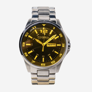 Fossil Rewound Black and Yellow Silver Metal Quartz Analog Watch