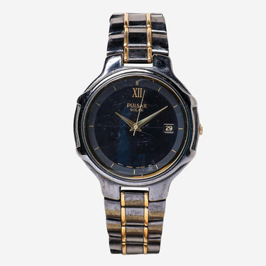 Pulsar Rewound Black and Gold Solar Metal Bracelet Quartz Analog Watch