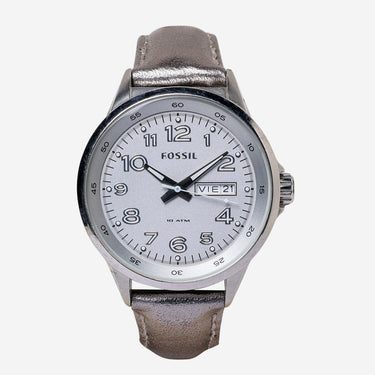 Fossil Rewound Silver Leather Quartz Analog Watch