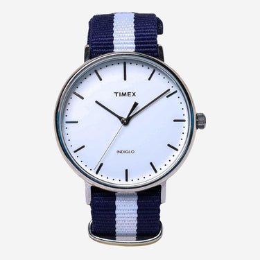 Timex Rewound Silver Round Blue and White Quartz Analog Watch