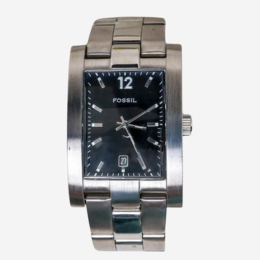 Fossil Rewound Square Black and Silver with Date Metal Bracelet Quartz Analog Watch