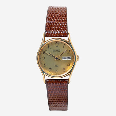 Seiko Rewound Gold and Brown Leather Quartz Analog Watch
