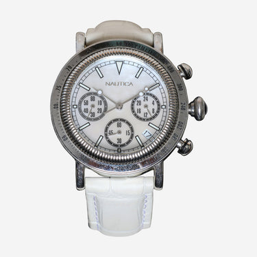 Nautica Rewound Silver and White Leather Quartz Analog Watch