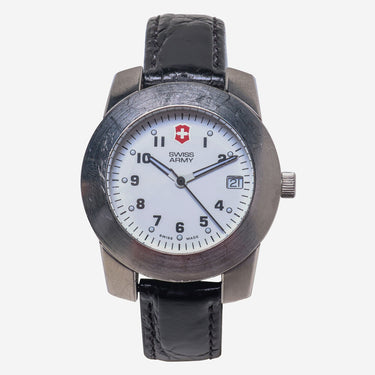 Swiss Army Rewound Silver and Black Leather Quartz Analog Watch