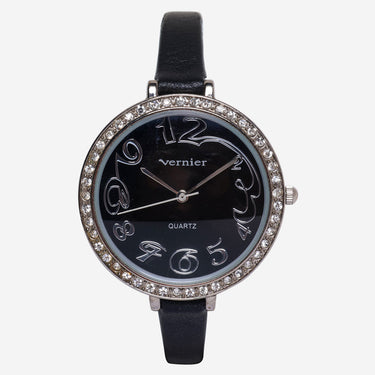 Vernier Rewound Silver Diamond and Black Quartz Analog Watch