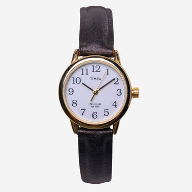 Timex Rewound Indiglo Gold and Black Leather Quartz Analog Watch
