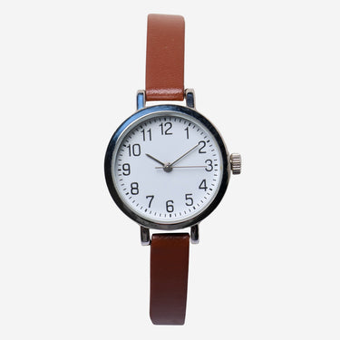 Silver Round Rewound Brown Leather Quartz Analog Watch