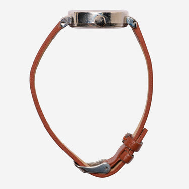 Silver Round Rewound Brown Leather Quartz Analog Watch