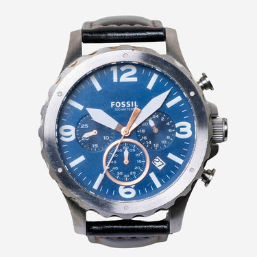 Fossil Rewound Silver and Blue with Dark Brown Leather Quartz Analog Watch