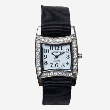Geneva Rewound Square Diamond Silver and Black Quartz Analog Watch