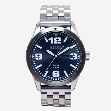 Seiko Rewound Solar Silver Colored Metal Bracelet Quartz Analog Watch 45mm