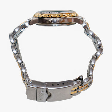 Rewound Fossil Silver and Gold Metal Bracelet Quartz Analog