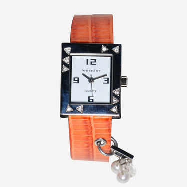 Vernier Rewound Silver and Orange Leather Strap Quartz Analog Watch