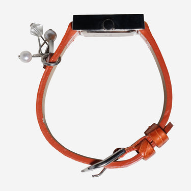 Vernier Rewound Silver and Orange Leather Strap Quartz Analog Watch